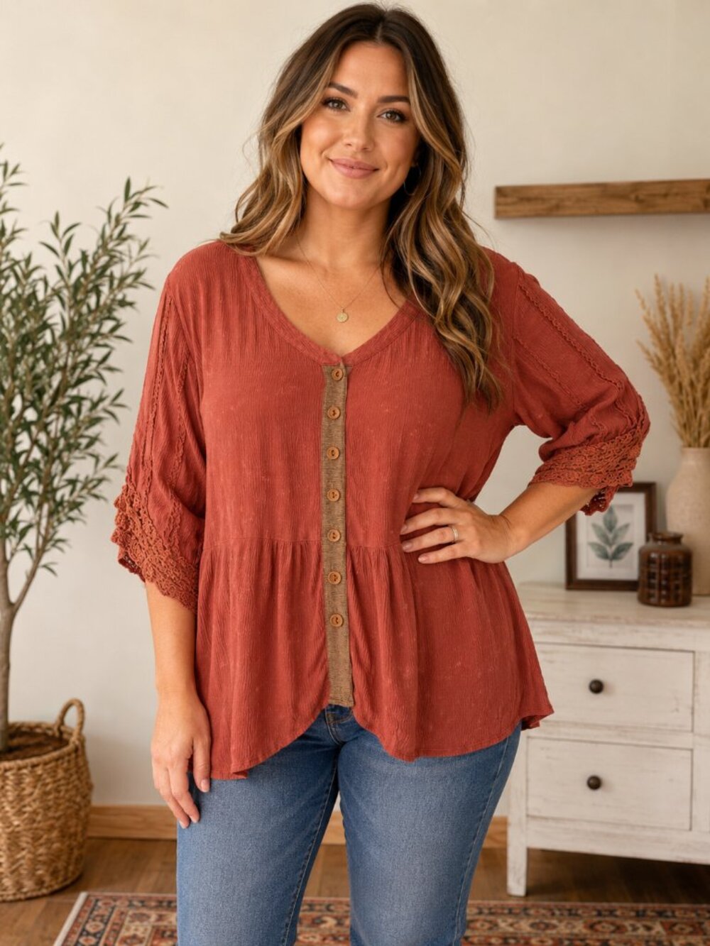 Gimmicks BKE Size M Button Front Gauze Blouse Top Dusty Pink Lace Paisley Boho